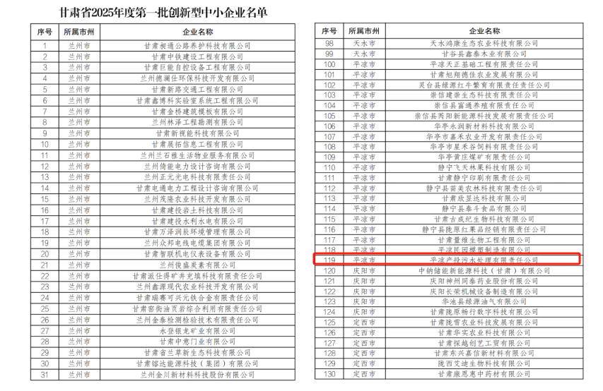 喜報！市產(chǎn)投集團污水處理公司成功入圍甘肅省2025年度第一批創(chuàng)新型中小企業(yè)！(圖1)
